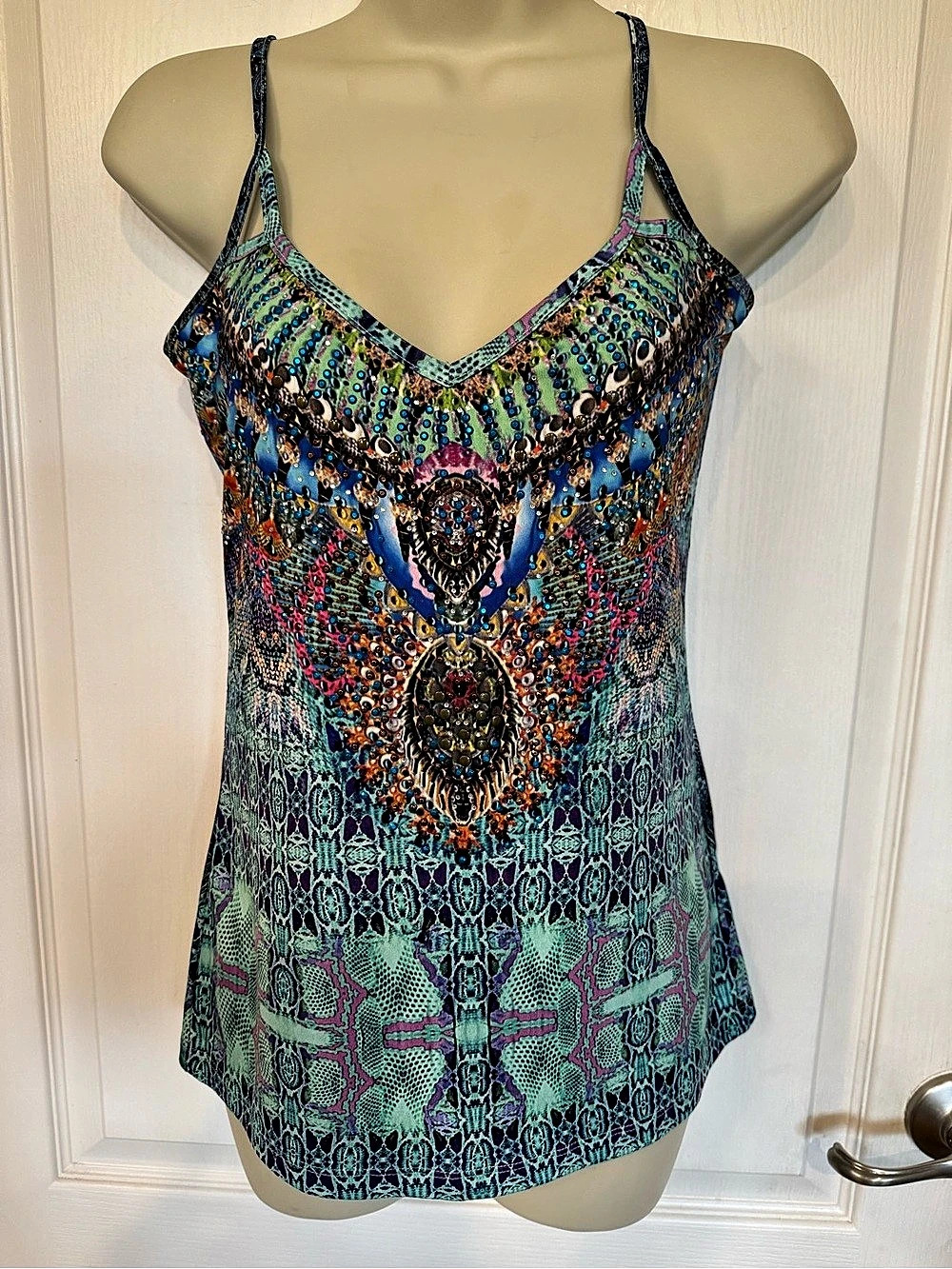 Y2K VENUS Embellished Geometric Tank in Blue & Green Size Small #festival